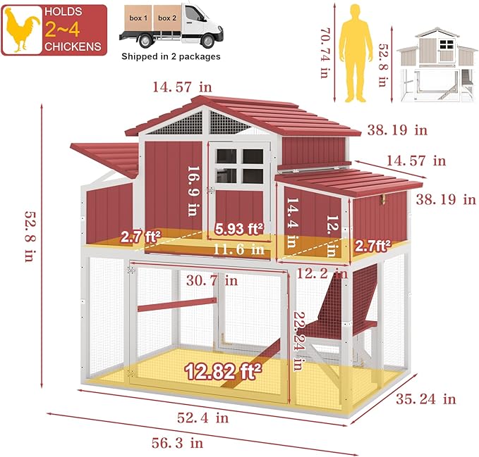 Large Chicken Coop Outdoor with Run, Expandable Hen House with 4 Nesting Boxes, Rabbit Hutch Poultry Bunny Cage for 2-4 Chickens with 4 Perches, Removable Tray and Ramp (56.3" L x 35.24" W x 52.8" H)