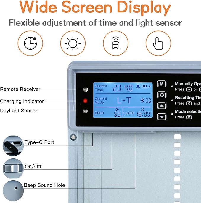 Automatic Chicken Coop Door, LCD Display, 5 Modes, Timer & Light Sensor, Solar Powered & Battery Charging Chicken Coop Door, Weatherproof Automatic Chicken Door with Remote Control