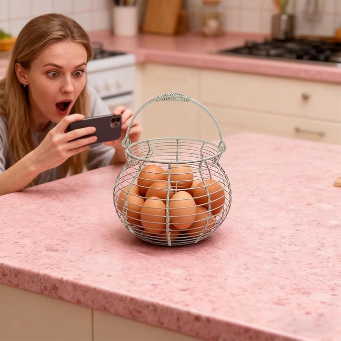 Wire Egg Gathering Basket - Farmhouse Metal Storage Holder, Vintage Chicken Coop Carrier with Wooden Handle Grip | Fresh Eggs Gatheringg Baskett for Kitchen Pantry Decor