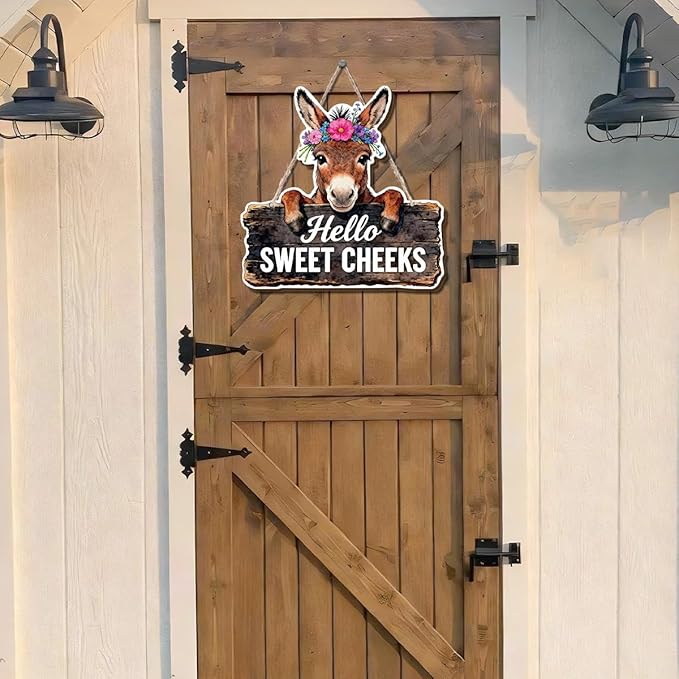 Farmhouse Bathroom Wall Decor, Hello Sweet Cheeks Donkey Sign, Rustic Wood Hanging Plaque, Watercolor Farm Animal Wall Art Painting Style for Bathroom Front Door Country Home, 9.8x9.8 Inches