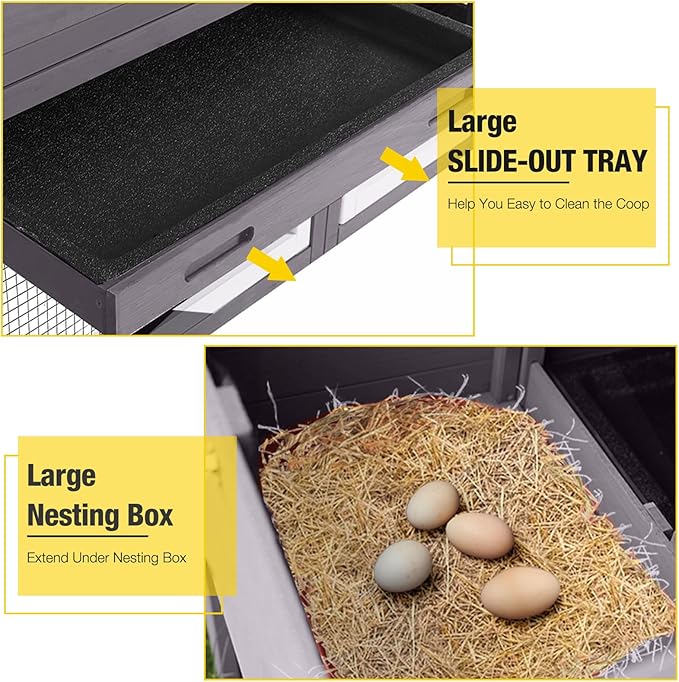 Aivituvin Mobile Chicken Coop with Wheels for 2-4 Chickens, Backyard Expandable Chicken House Duck Cage with Run, 2 Nesting Boxes, Easy Clean Pull-Out Tray, Leak-Resistant Asphalt Roof, 72.3"(Grey)