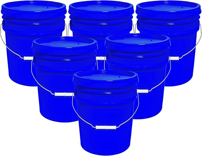 5-Gallon Bucket with Airtight Lid – Made in USA, Food Grade BPA Free Plastic, Heavy Duty Multi-Use, Metal Handle with Grip, Stackable Storage – Blue, 6 Pack