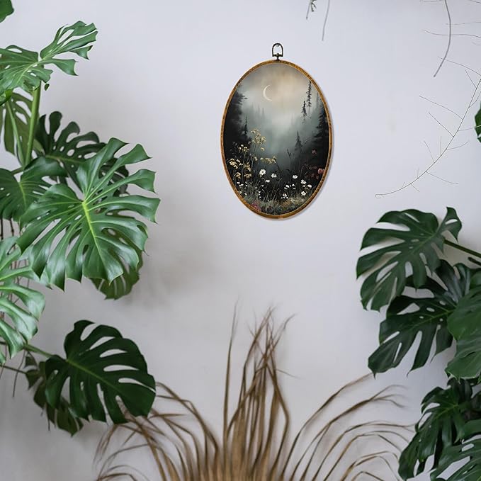 Hiuwevt Vintage Moody Forest Moon Oval Wall Art Decor, Dark Cottagecore Flower Field Framed Canvas Prints, Rustic Landscape Oval Wall Hanging Decor for Home Bedroom Decorations, 8.6x11.4 Inches
