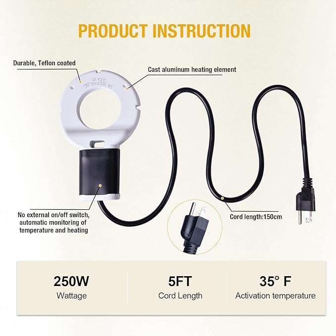 250W Chicken Water Heater, Submersible Bucket Heater Deicer for 5 Gallon, Heated Chicken Waterer for Winter, Freeze-Proof Poultry Waterer, Stock Tank & Water Trough Warmer for Livestock