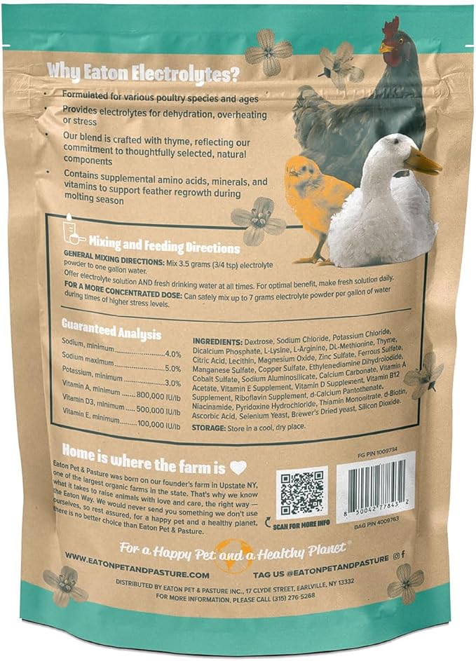 Eaton Pet & Pasture Poultry Electrolytes Powder for Chickens & Chicks – Hydration & Stress Support Supplement with Vitamins, Minerals & Amino Acids – Electrolyte Mix for Backyard Poultry Flocks