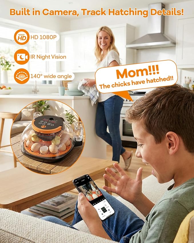 WiFi Egg Incubator with 1080P Camera, App Control, Automatic Turning & Water Filler for Hatching Eggs with Candler, Smart Incubator for 6-12 Chicken, Quail, Pigeon Eggs