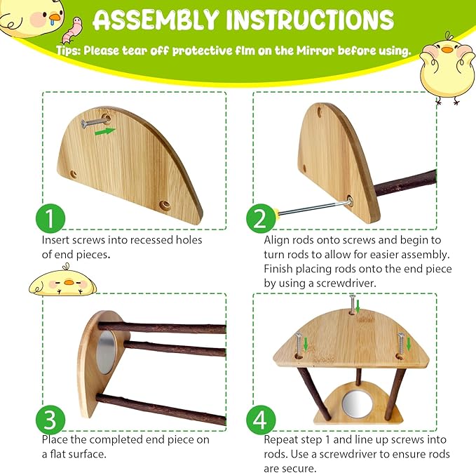 Mini Chick Perch with Mirror, Natural Willow Wood Roosting Bar for Coop&Brooder, Anti-Slip Training Perch for Baby Chicks, El Pollitos, La Pollita, Easy to Assemble&Clean, Fun Toys for Chick