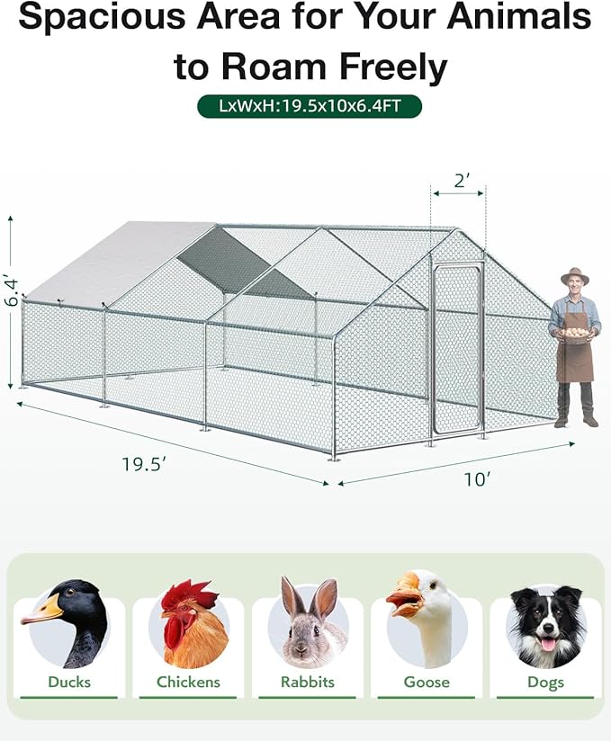 Esright Extra Large Metal Chicken Coop Run for Yard with Cover, 19.5x10x6.4 FT Walk-in Chicken Pen for Outdoor, Backyard, and Farm, Hen Cage House Suitable for 15-20 Chickens, Spire Roof