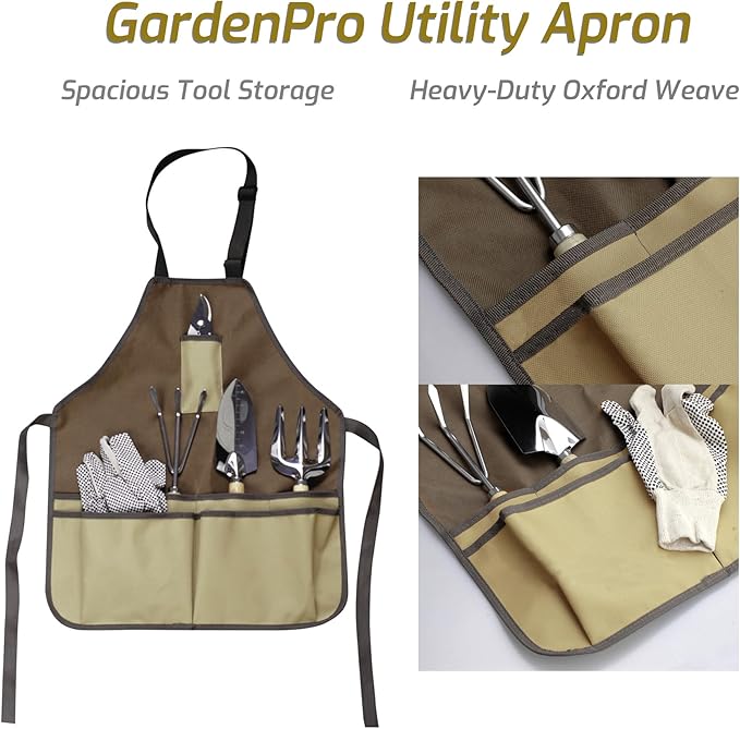 13-Piece Garden Tools Set with Tote Bag & Apron, Repotting Mat - Stainless Steel Heavy Duty Planting Kit, Ergonomic Non-Slip Handles - Gardening Gift for Women, Mom, Home Gardeners