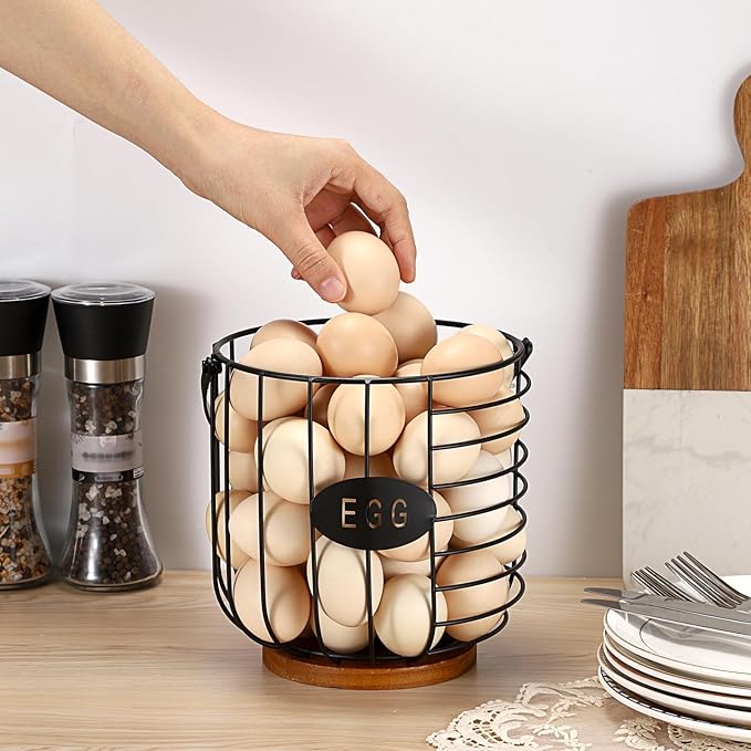 Farmhouse Vintage 7'' Round Metal Wire Egg Basket - Solid Bottom Egg Gathering Holder for Fresh Eggs, Countertop Kitchen Storage (Style 2(Lantern))
