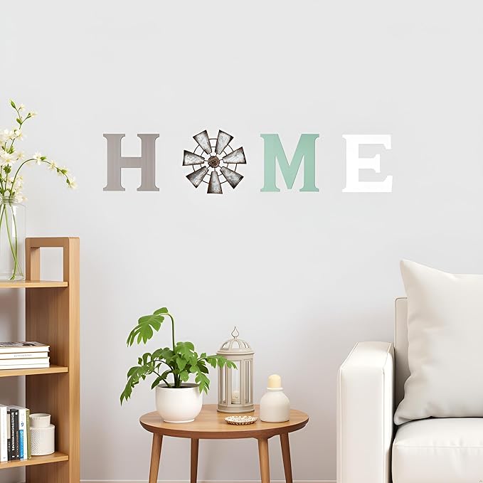 Mkono Farmhouse Wall Decor Wooden Home Sign with Metal Windmill for O Rustic Hanging Letters Decorative Wall Art Decor Signs for Living Room Kitchen Bedroom Entryway House