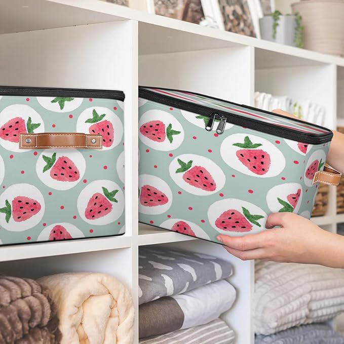 Storage Cubes with Lid Fabric Storage Bins Boxes PU Leather Handles, Strawberry Closet Organizer Container Foldable Washable Shelf Cloth Basket, Fruits Cute