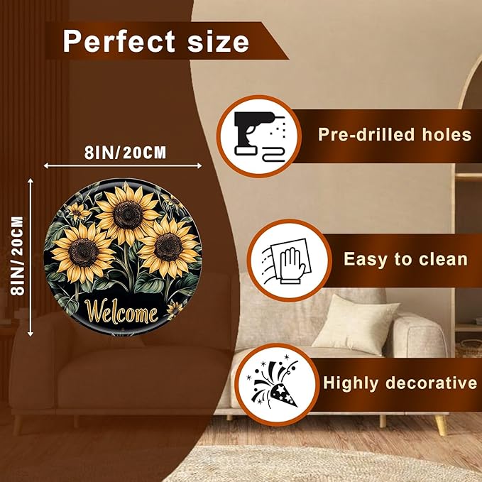 Sunflower Round Metal Tin Sign Wreath Welcome Metal Tin Sign Vintage Aluminum Wall Art for Home Garden Porch Yard Fence Retro Wall Decor 8x8inch