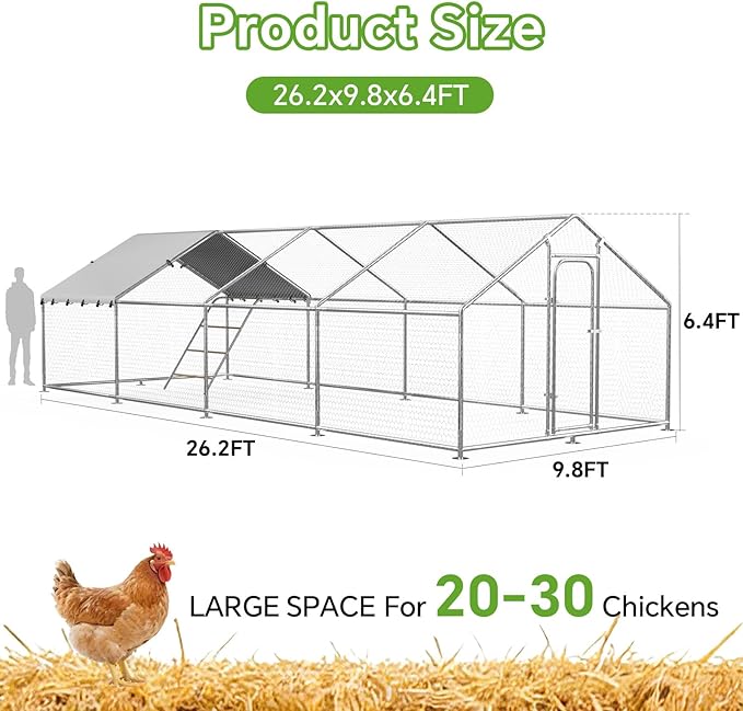 Chicken Coop Large Metal Chicken Run Poultry Cage with Water-Resident and Anti-UV Cover for Duck Rabbit House Outdoor,Spire Roof(314.96×118.11×77.95 in)