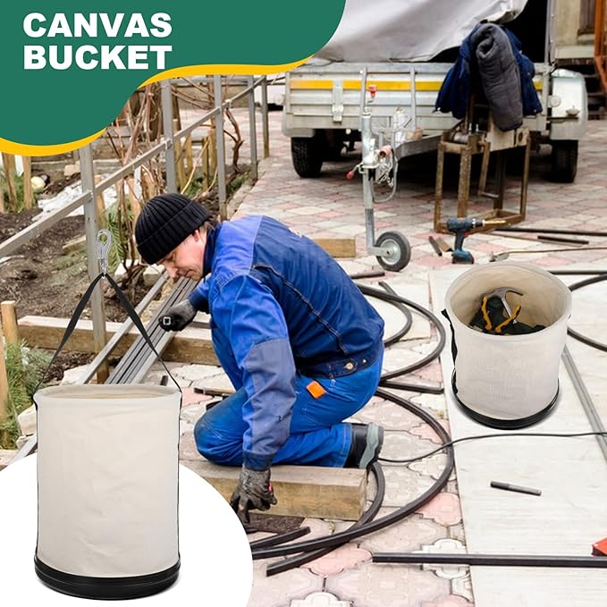 Utility Canvas Bucket 15" x 12" All Purpose Truck Tool Bucket Bag Organizer with Plastic Bottom Metal Hook for Store Work Tool Accessory, Load Capacity up to 150 Lbs