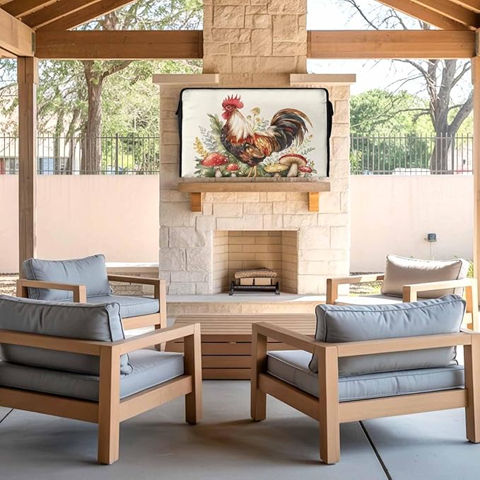 Waterproof Outdoor TV Cover 70 to 75 Inch, Retro Watercolor Farm Chicken Outside Flat Screen Televisions Weatherproof Cover Size 68"L x 42"H, Mushroom on Linen TV Protector With Zipper