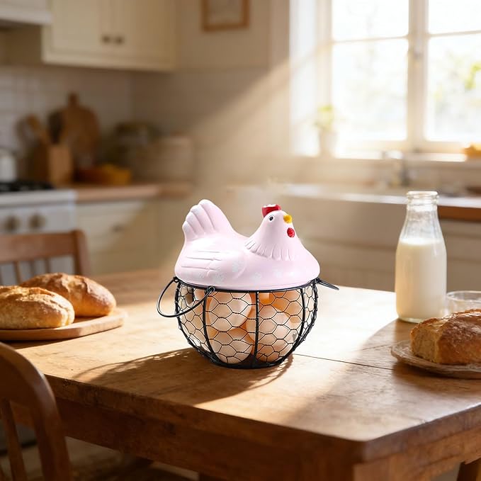 Egg Storage Organizer for Kitchen Countertop, Ceramic Chicken Lid with Wire Basket Dispenser, Black Chicken Egg Holder for Fresh Eggs, Rustics Egg Dispenser Rack for Farmhouse Decor (Pink)