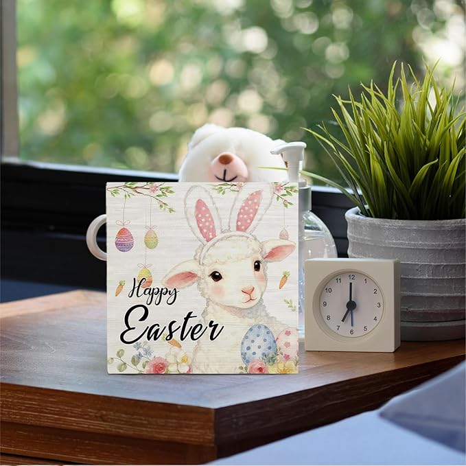 Happy Easter Sheep Wooden Box Sign Desk Decor, Easter Lamb Decor, Spring Floral Egg Sheep Wood Signs for Bedroom Home Office Desk Table Shelf Decorations, 5x5 Inch