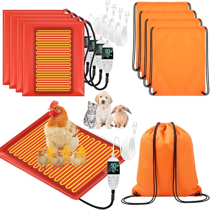 4 Pack Heated Chicken Pad for Brooders Small Animal Pet Heating Pad Warming Chick Nesting Mat with Temperature and Timer Waterproof Chicken Coop Heater Mat(15.7 x 12.6 Inches)