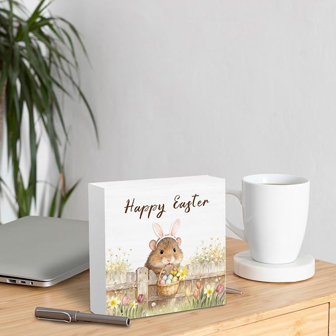 Happy Easter Hamster Wooden Box Sign Desk Decor, Spring Wildflower Easter Egg Farm Hamster Wood Signs for Bedroom Home Office Desk Table Shelf Decorations, 5x5 Inch
