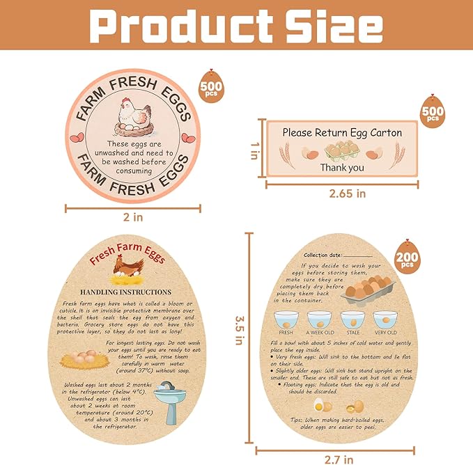 Fresh Farm Egg Packaging Set – Includes 500 Farm Fresh Eggs Carton Labels, 500 Please Return Carton Labels Stickers, 200 Double-Sided Egg Handling Instruction Cards