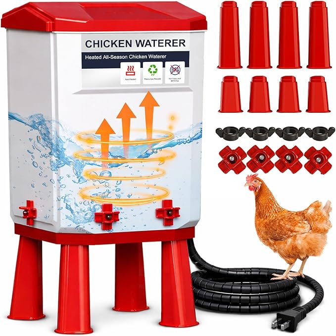 Heated Chicken Waterer, 11L Winter Chicken Water Heater Bucket with 4 Nipple Drinkers, Anti-Freezing, Winter and Summer Dual-use, Automatic Heated Poultry Drinker for Coop (Red)