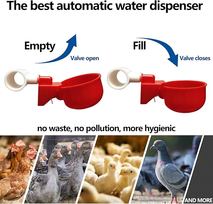 Chicken Waterer 12 Pack,Automatic Chicken Water Cup and 1/2" PVC Tee Fittings,Large Auto-Fill Chicken Waterer Cups,DIY Chicken Water Feeder, Coop Water Dispenser,Poultry Waterer Feeder Kit