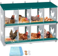 Chicken Nesting Box 8 Compartment with 10 Pet Moisture Pads and 4 Fake Eggs Roll Away Egg Collection, Perch, Lid Cover for Egg Protection - Wall Mount Nest Box for Chickens, Hens, Ducks