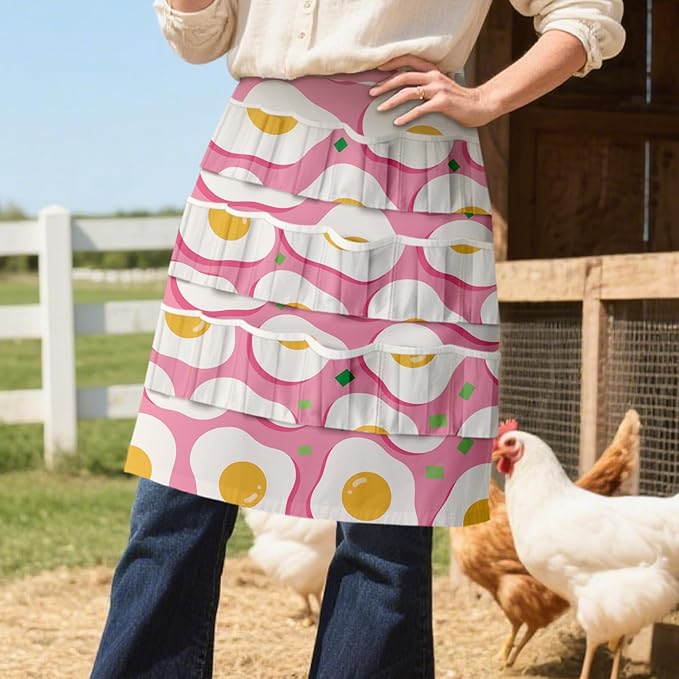 CUTHOLLOW Egg Collecting Apron for Adlut, Housewife, 18 Deep Pockets Hen Egg Gathering Holding Apron with Elastic Closures