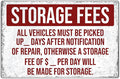 Storage Fees All Vehicles Repair Notice Metal Sign 12 x 8 Inch Garage Shop Auto Warning Wall Decor Art Kitchen Indoor Vintage Home Outdoor Aluminum
