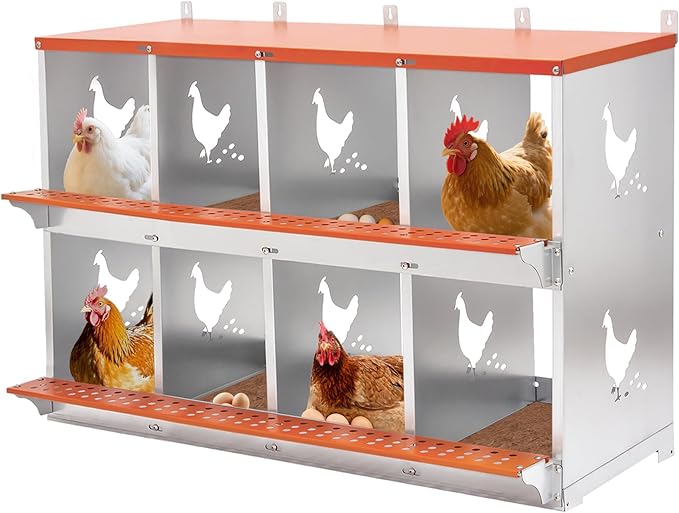 Chicken Nesting Boxes 8 Hole Roll Away Nesting Boxes with Vented Holes & Soft Nesting Pads Wall Mountable Laying Boxes for Hens Easy Egg Collection for Chicken Coop, Backyard, Farms, Orange