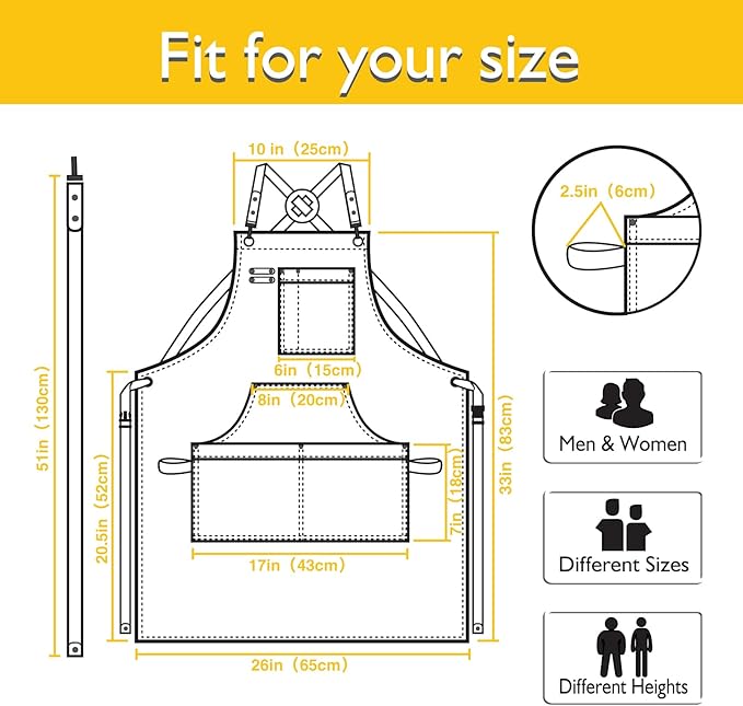 Kitchen Apron, Work Apron, Canvas, Multiple Pockets, Gardening, Painting, BBQ, Artist, Carpenter, Sizes M to XXL, Yellow