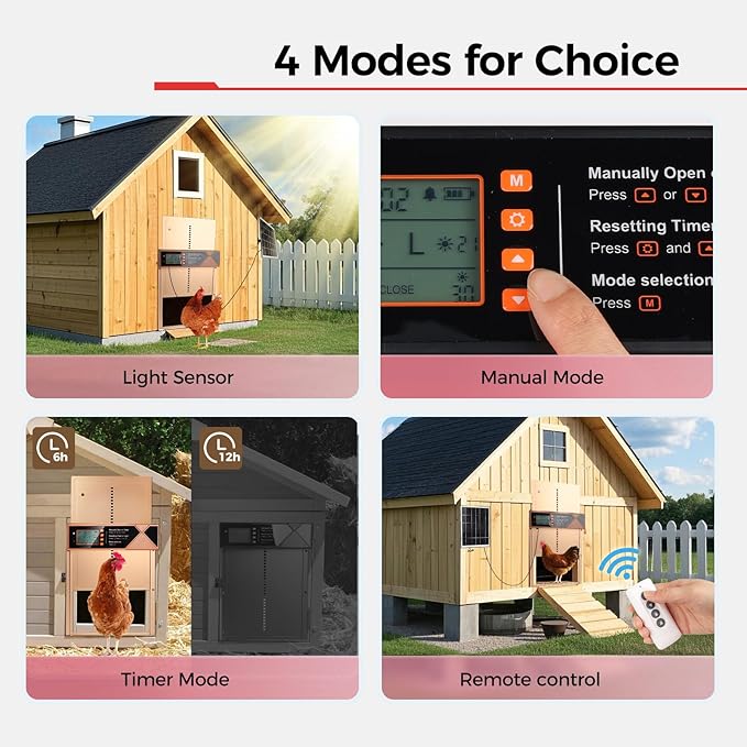 Automatic Chicken Coop Door Solar Powered, 4 Modes Automatic Chicken Door with Timer & Light Sensor, 7W Solar Charging Panel, Waterproof Aluminum Alloy Chicken Door with LED Screen (Gold)