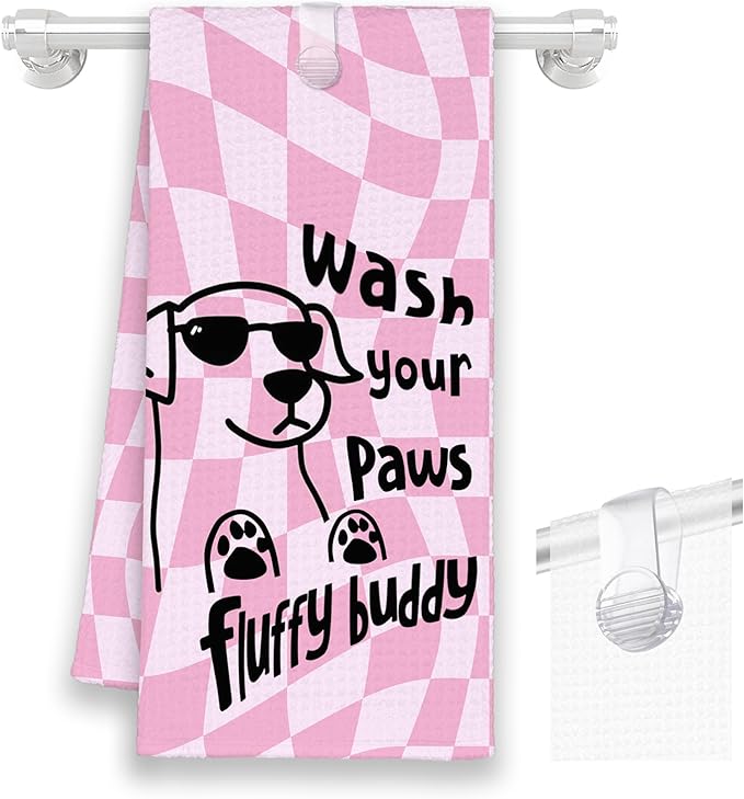 Pink Funny Dog Bathroom Kitchen Towels, Wash Your Paws Hand Towel for Girly Room, Cute Puppy Gifts for Dog Lovers, Trendy Preppy Checkered Dish Towels Decor for Dorm 16x24in