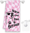 Pink Funny Dog Bathroom Kitchen Towels, Wash Your Paws Hand Towel for Girly Room, Cute Puppy Gifts for Dog Lovers, Trendy Preppy Checkered Dish Towels Decor for Dorm 16x24in