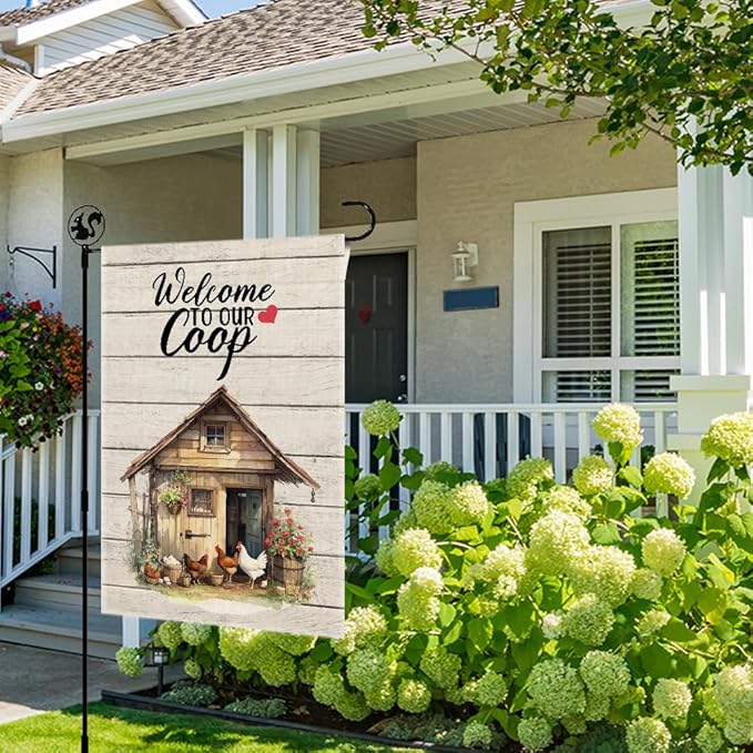 Welcom To Our Coop Garden Flag, 12x18 in Double Sided Farmhouse Chicken Coop Outdoor Decor Yard Flag Gifts, Welcome to the Farm Flags for Chickens Lover, Rustic Chicken Farm Commercial Use