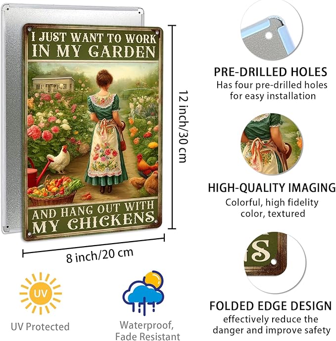 I Just Want to Work in My Garden and Hang Out With My Chickens Metal Tin Sign Outdoor Metal Gardening Girl Poster Vintage Farmhouse Decor Wall Art Home Garden and Chicken Lover Sign 8x12 Inch