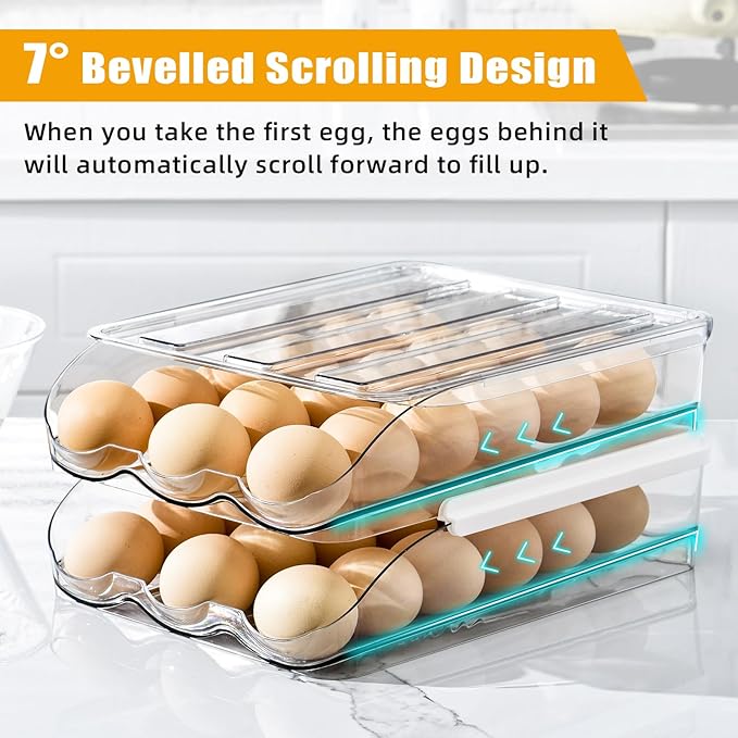Egg Holder for Fridge, Rolling Egg Holder for Refrigerator, Egg Organizer for Refrigerator Clear Plastic Egg Dispenser with Removable Lid and Tray (2 Layer Holds 36 Eggs)