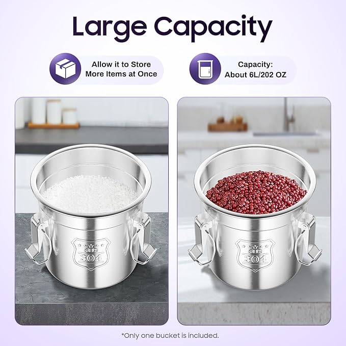 6L Stainless Steel Airtight Canister Rice Cereal Grain Canisters Container Food Oil Sugar Milk Storage Bucket w/Handles+Lid Cylinder Jar for Household Kitchen Bar Restaurants Silver (6L)