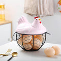 Egg Storage Organizer for Kitchen Countertop, Ceramic Chicken Lid with Wire Basket Dispenser, Black Chicken Egg Holder for Fresh Eggs, Rustics Egg Dispenser Rack for Farmhouse Decor (Pink)