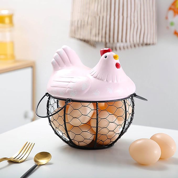 Egg Storage Organizer for Kitchen Countertop, Ceramic Chicken Lid with Wire Basket Dispenser, Black Chicken Egg Holder for Fresh Eggs, Rustics Egg Dispenser Rack for Farmhouse Decor (Pink)