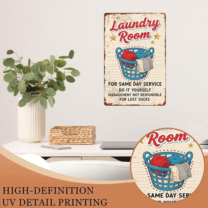 Vintage Laundry Room Metal Tin Sign Retro Styled Wall Art for Bathroom Decor and Utility Room Wall Display 8X12Inch