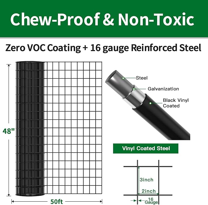 Amagabeli Black PVC Coated Welded Wire Fence 48inch x 50ft 2 Inch x 3 Inch 16 Gauge Chicken Wire Mesh Roll Metal Garden Border Fencing for Yard Vegetable Plant Protection Poultry Netting Cage