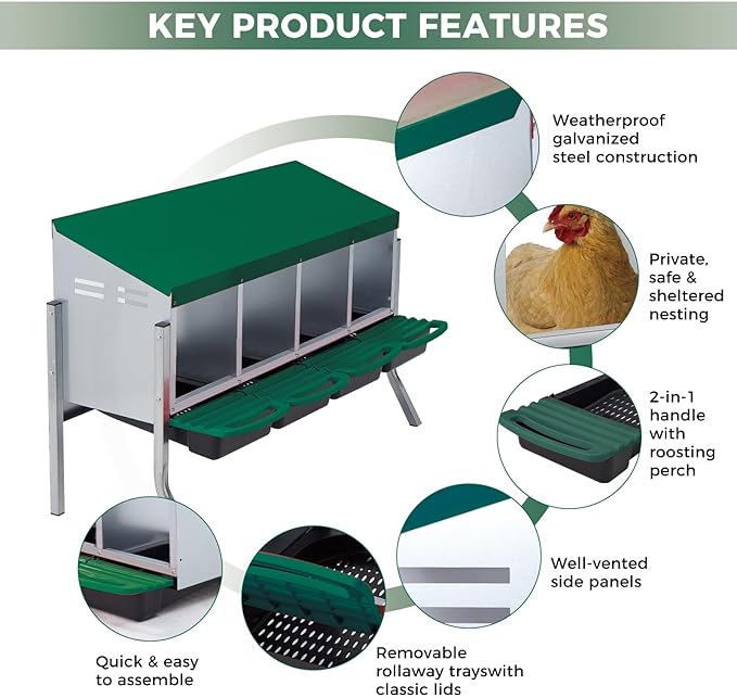 Chicken Nesting Boxes with Rollout Egg Collection – 4-Compartment Metal Hen Nest Box with Removable Trays, Slanted Roof & Ventilation, Wall Mount or Standing for Backyard Poultry Coop, Green