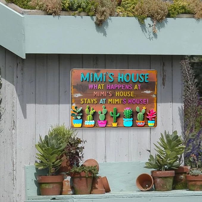 Vintage Metal Tin Sign - "What Happens at Mimi's House" Rustic Farmhouse Decor with Colorful Cacti Design, Durable Iron Outdoor/Indoor Wall Art for Home, Garage, Yard,Unique Decoration