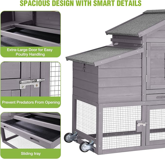 GUTINNEEN Large Chicken Coop on Wheels, Expandable Outdoor Mobile Chicken House, Hen House Poultry Cage with Nesting Box, Leakproof Pull-Out Tray & UV-Resistant Roof – Grey