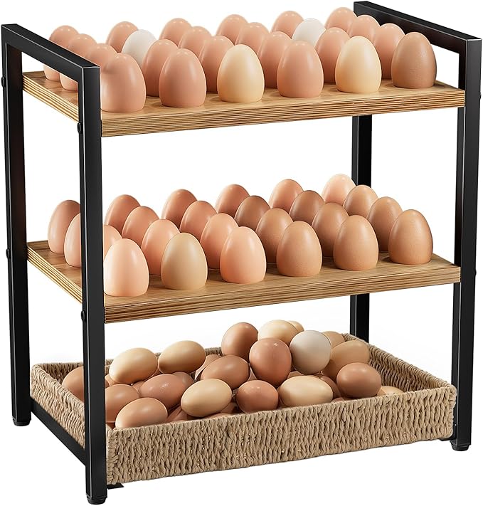 Nuovoware 3-Tier Egg Holder Countertop with Basket for 48+60 Eggs, Wooden Egg Basket with Carry Handle Gathering 100+ Fresh Quail, Duck, Turkey, Chicken Eggs, Kitchen Storage Home Farmhouse Decor