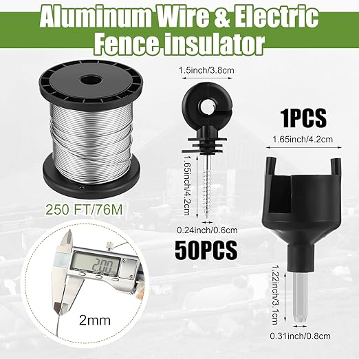 Electric Fence for Preventing Animals Intruding 2 Mile 110VAC 0.25 Joule Electric Plug in Fence, 50 Black Insulator and 1 Socket Tool 250ft Aluminum Wire for Animals and Keep Out Predators