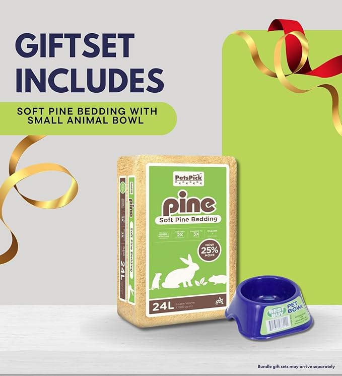 Pets Pick Kiln Dried Soft Pine Bedding 24L Bundle with Pet Bowl – Natural Wood Shavings for Small Pets – Cozy and Absorbent Hamster Bedding – Gift Set (2 Items)