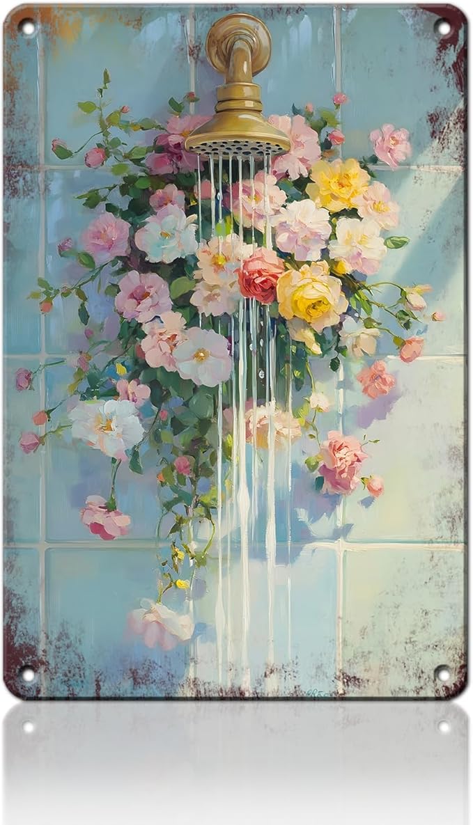 Floral Bathroom Metal Wall Sign Bathroom Flower Wall Art Wildflower Watercolor Print Floral Shower Decor Flower Vintage Poster Sign 12x16inch